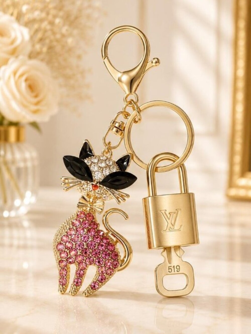 LV Authentic Gold Lock & Key 🔑 Luxury Bag Charm w/ Unbranded Keychain